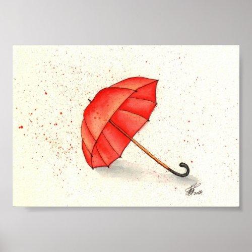 Bright red umbrella watercolor poster