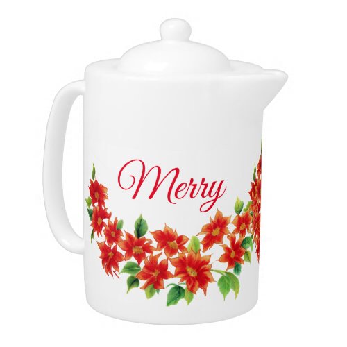 Bright Red Vintage Poinsettia Merry Christmas Teapot