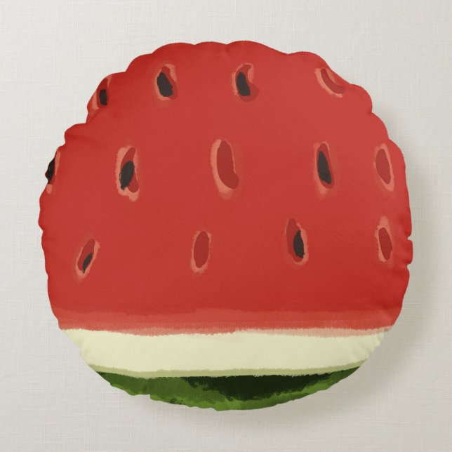 Bright Red Watercolor Watermelon Round Pillow (Front)