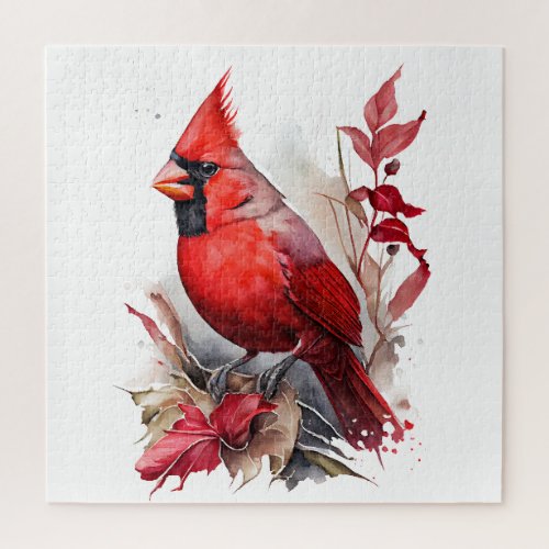 Bright Red Watercolor Winter Cardinal Bird Jigsaw Puzzle