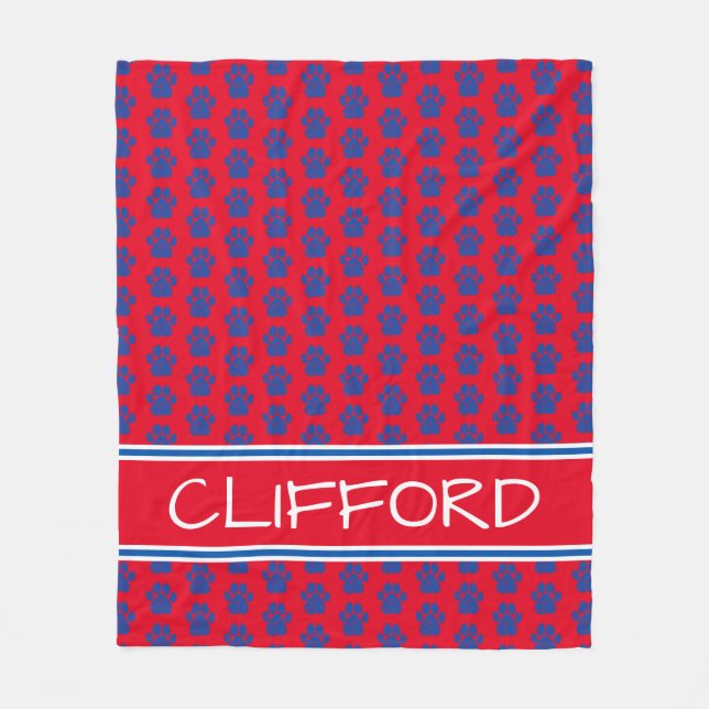 Bright Red White and Blue Paw Prints Personalized Fleece Blanket (Front)