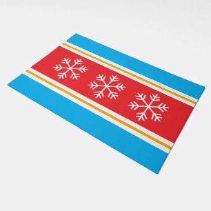 Bright Red White Azure Blue Stripes Snowflakes Doormat