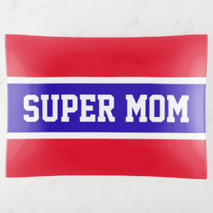 Bright Red White Blue Stripes SUPER MOM Text  Trinket Tray