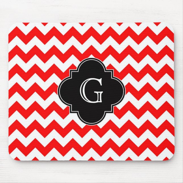 Bright Red White Chevron Black Quatrefoil Monogram Mouse Pad (Front)
