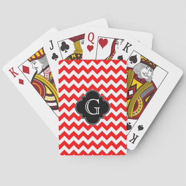 Bright Red White Chevron Black Quatrefoil Monogram Poker Cards (Back)