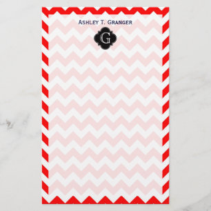 Bright Red White Chevron Black Quatrefoil Monogram Stationery