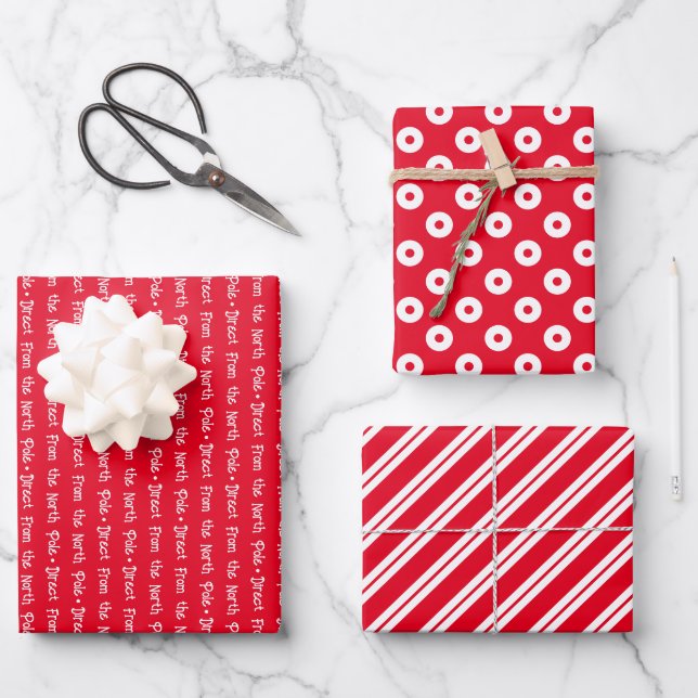 Bright Red & White Coordinated Christmas Wrapping Paper Sheets (Front)