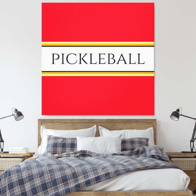Bright Red White Orange PICKLEBALL Racing Stripes Canvas Print (Insitu(Bedroom))
