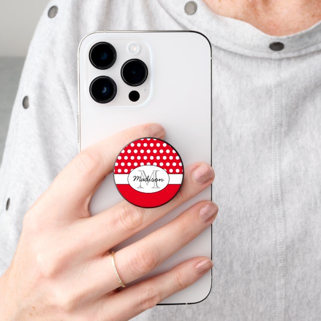 Bright Red White polka dots retro pattern Monogram PopSocket (Hand)
