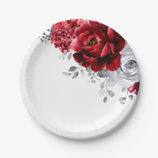 Bright Red White Silver Metallic Floral Wedding Paper Plates (Front)
