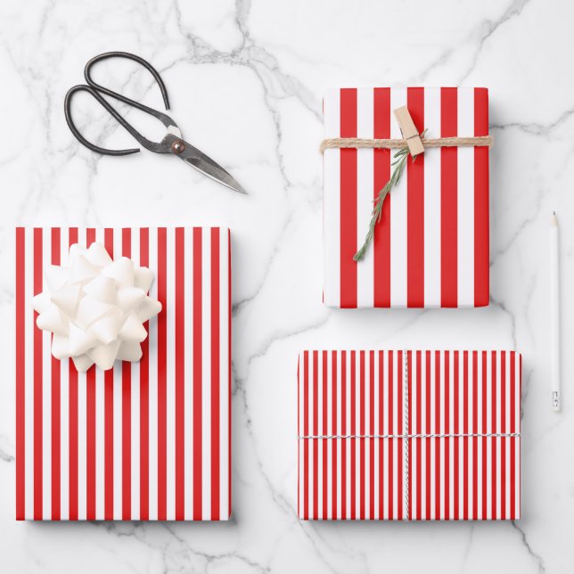 Bright Red & White Stripes Wrapping Paper Sheets (Front)