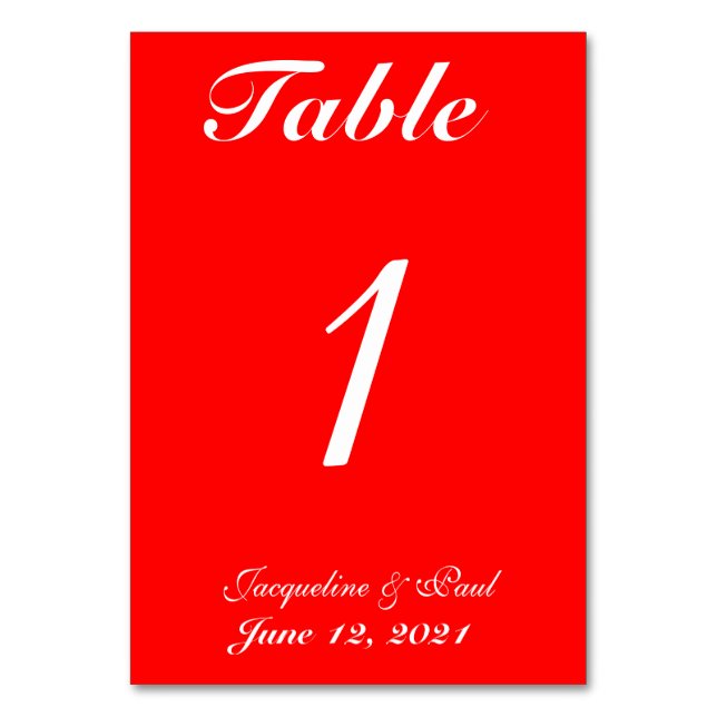 Bright Red White Wedding Table No. Cards (Front)