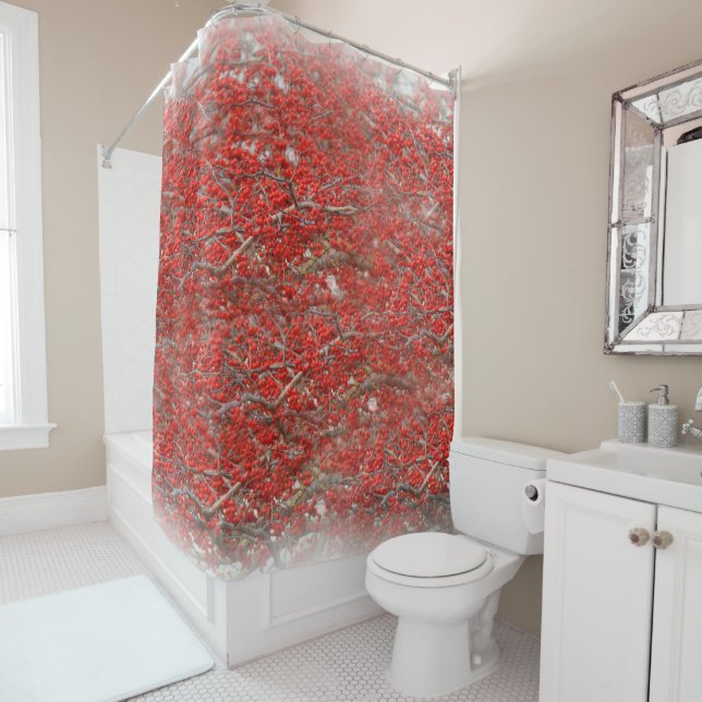 Bright Red Winterberries Holly Tree Berries Shower Curtain (In Situ)