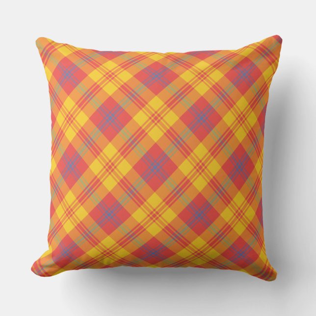 Bright Red Yellow and Blue Plaid Pillow or Cushion (Front)