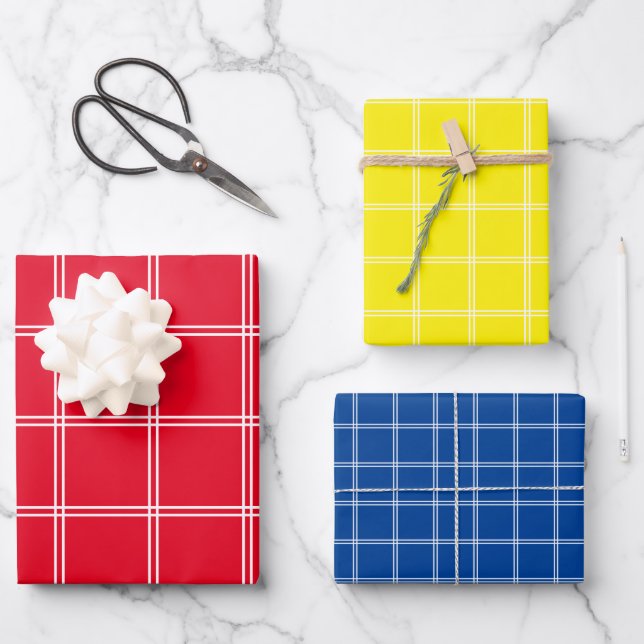 Bright Red Yellow Blue and White Thin Plaid Stripe Wrapping Paper Sheets (Front)