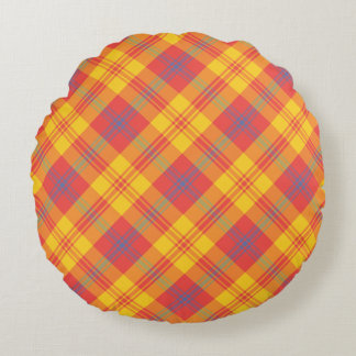 Bright Red Yellow Blue Plaid Round Pillow, Cushion