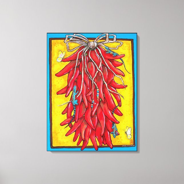 Bright Red Yellow Chili Chile Pepper Ristra Lizard Canvas Print (Front)