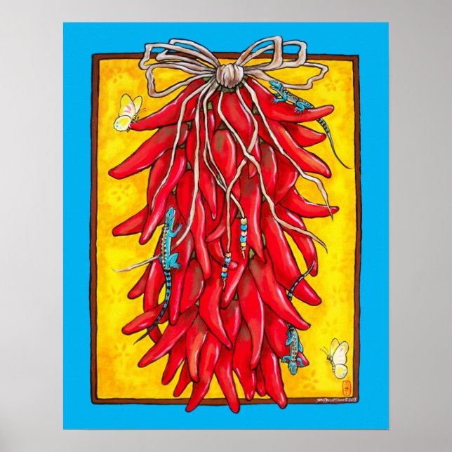 Bright Red Yellow Chili Chile Pepper Ristra Lizard Poster (Front)