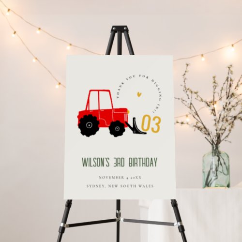 Bright Red Yellow Digger Kids Any Age Birthday Foam Board
