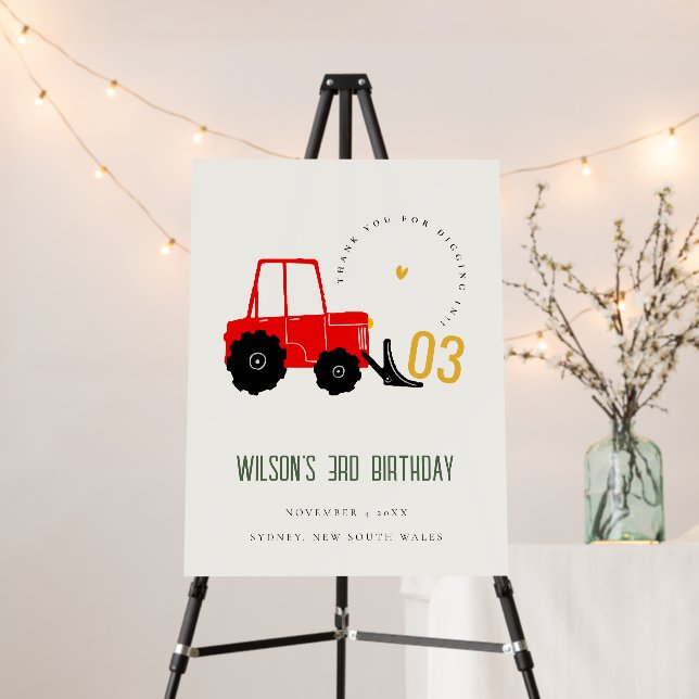 Bright Red Yellow Digger Kids Any Age Birthday Foam Board (In Situ (Stand))