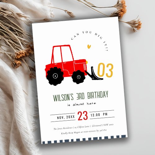 Bright Red Yellow Digger Kids Any Age Birthday Invitation