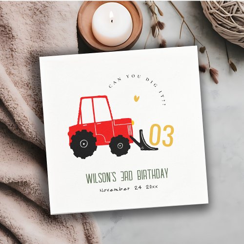 Bright Red Yellow Digger Kids Any Age Birthday Napkins