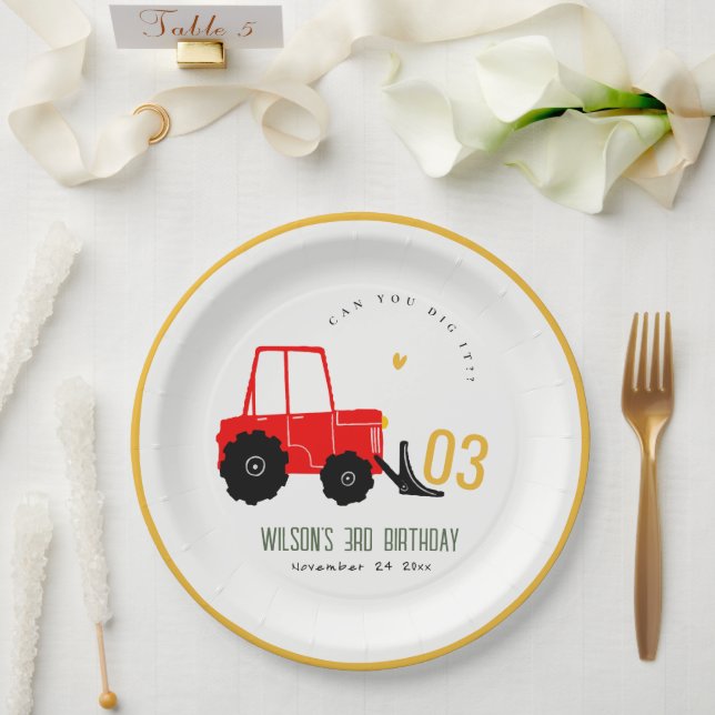 Bright Red Yellow Digger Kids Any Age Birthday Paper Plates (Wedding)