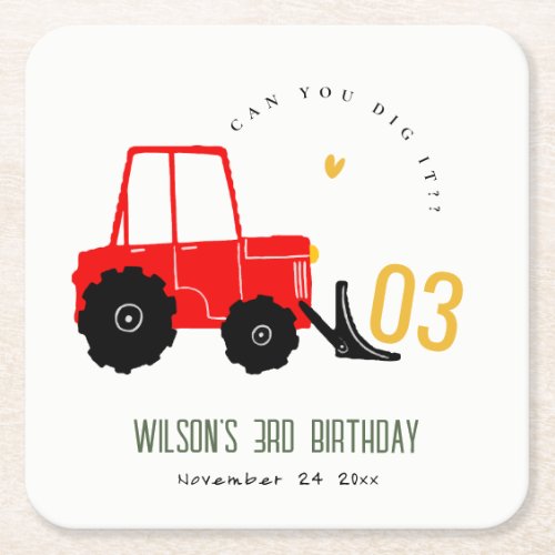 Bright Red Yellow Digger Kids Any Age Birthday Square Paper Coaster
