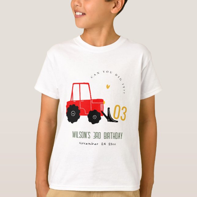 Bright Red Yellow Digger Kids Any Age Birthday T-Shirt (Front)