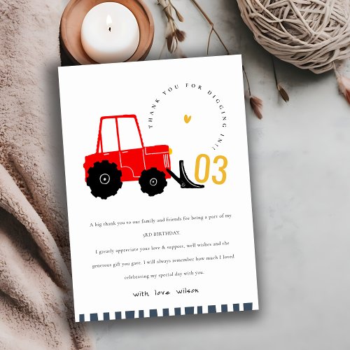 Bright Red Yellow Digger Kids Any Age Birthday Thank You Card
