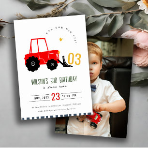 Bright Red Yellow Digger Kids Photo Birthday Invitation