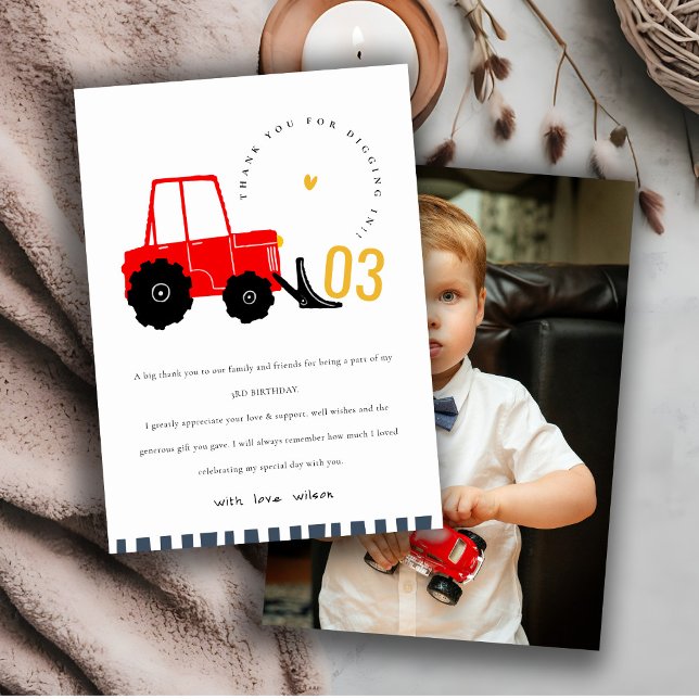 Bright Red Yellow Digger Kids Photo Birthday Thank You Card (Creator Uploaded)