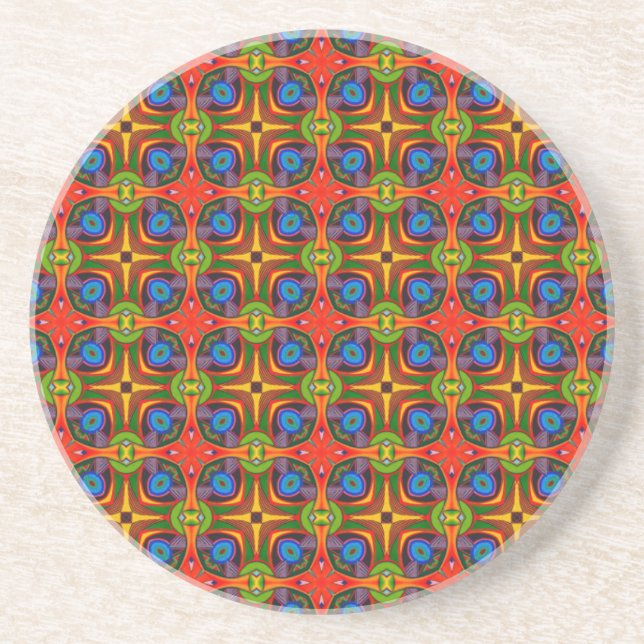 Bright Reds Blues and Greens Pattern2 Sandstone Coaster (Front)