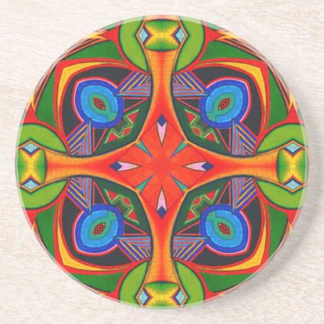 Bright Reds Blues and Greens Pattern Drink Coaster (Front)