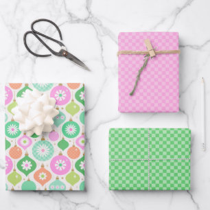Bright Retro Christmas Ornaments & Checks Pattern Wrapping Paper Sheets