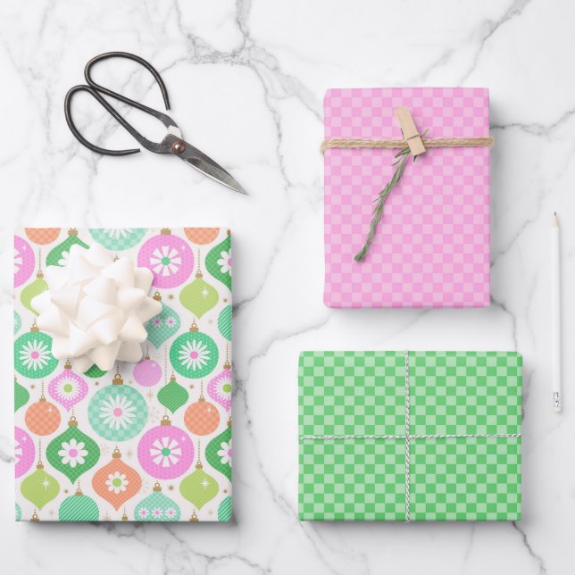 Bright Retro Christmas Ornaments & Checks Pattern Wrapping Paper Sheets (Front)
