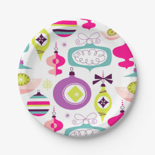 Bright Retro Christmas Ornaments Paper Plates