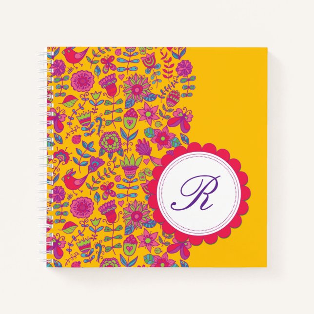 Bright Retro Floral Blooms with Monogram Notebook (Front)