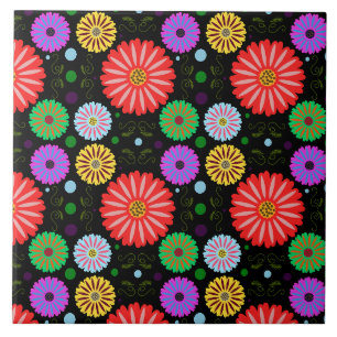Bright Retro Floral Pattern Colorful Folk Art Ceramic Tile