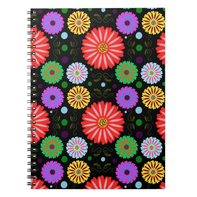 Bright Retro Floral Pattern Colorful Folk Art  Notebook (Front)