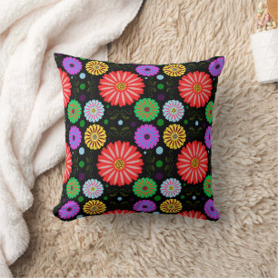 Bright Retro Floral Pattern Colorful Folk Art Throw Pillow