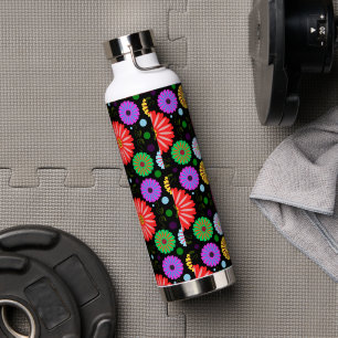 Bright Retro Floral Pattern Colorful Folk Art Water Bottle