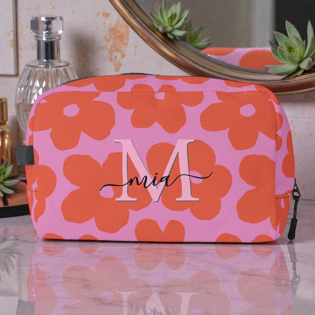 Bright Retro Floral Pink Orange Monogram Dopp Kit (Creator Uploaded)