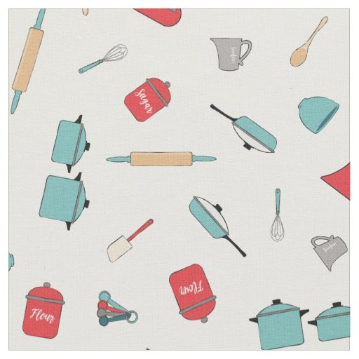 Bright, retro kitchen and baking tools & utensils fabric