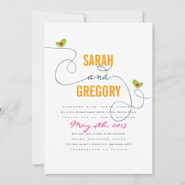 Bright Retro Love Birds Wedding Invitations (Front)
