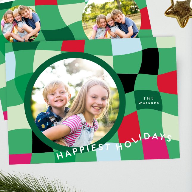 Bright Retro Plaid 4 Photo Happiest Holiday Card (Creator Uploaded)