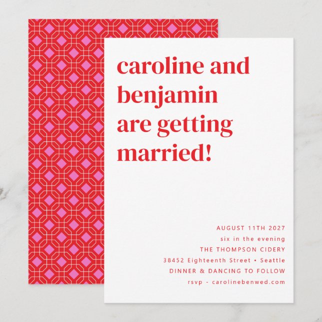Bright Retro Red Pink Geometric Wedding All in One Invitation (Front/Back)
