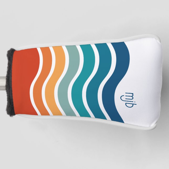 Bright Retro Wavy Stripes Pattern with Monogram Golf Head Cover (Front)