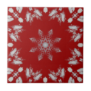 Bright rich red silver star flower geometric ceramic tile