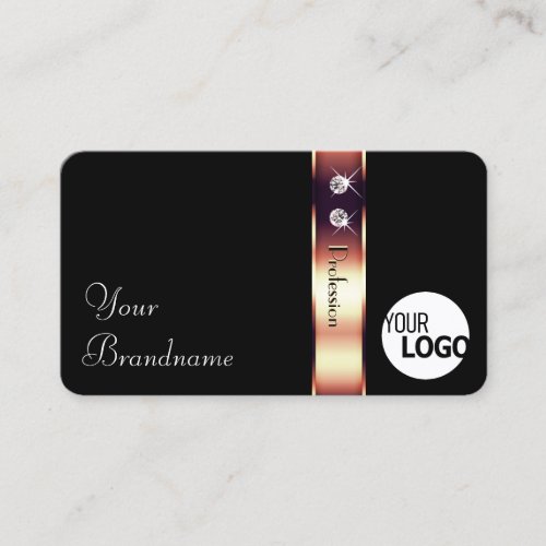 Bright Rose Gold Decor on Black with Diamonds Logo Business Card